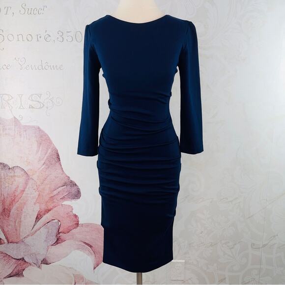 Nicole Miller Studio Navy Blue Sheath Ruched Knit Dress Size Small - Picture 1 of 14